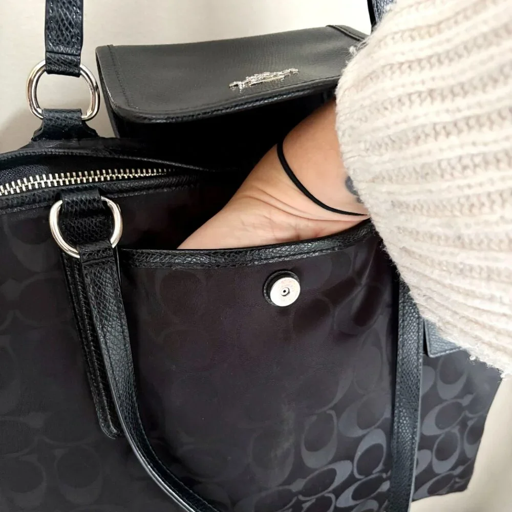 Coach Ward Tote in Signature Black Nylon w/ Leather Details